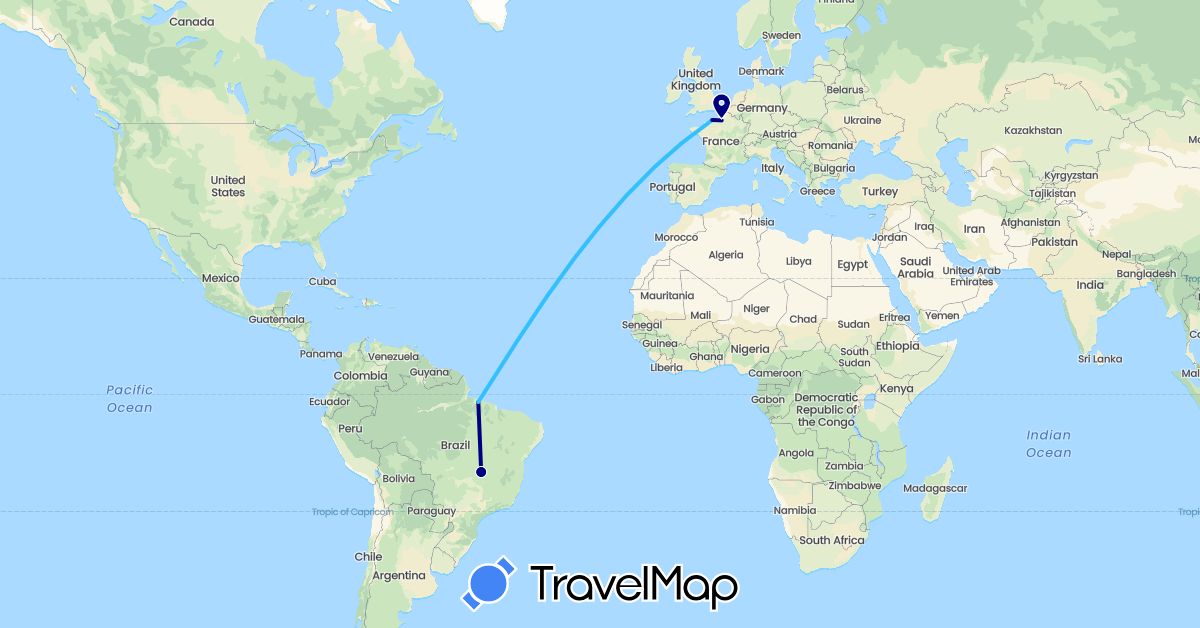 TravelMap itinerary: driving, boat in Brazil, France (Europe, South America)